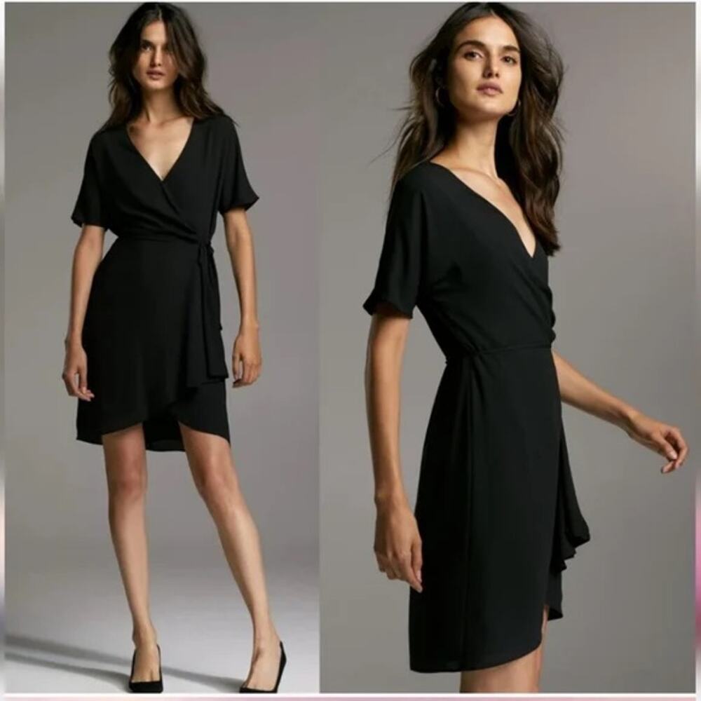 Babaton Aritzia Black Wallace Chiffon Kimono Mini Flowy Wrap Dress Sz Large L
